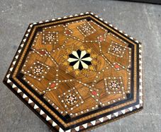 Hexagonal Damascene Fruitwood Tea Table with Mosaic Detailing, 1890s
