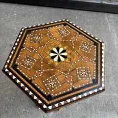 Hexagonal Damascene Fruitwood Tea Table with Mosaic Detailing, 1890s