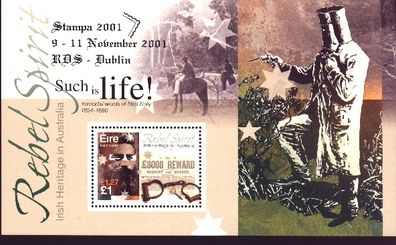 2001 Ireland Stampa Member Ned Kelly Commemorative Stamp Miniature Sheet Overprinted for Stampa Mint Never Hinged (MNH)