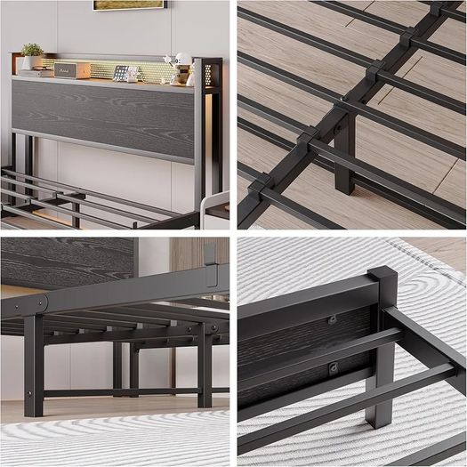 King Size Bed Frame with Storage,LED Lights,5ft Metal Bed Frame Kingsize Bed Frame with Charging Station,Mattress Foundation,Strong Steel Slats Support,Noise Free,Black