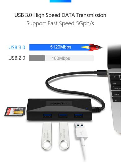 Rocketek USB 3.1 (Type-C) USB 3.0 Hub & SD/TF Card Reader (Brand New/Warranty)