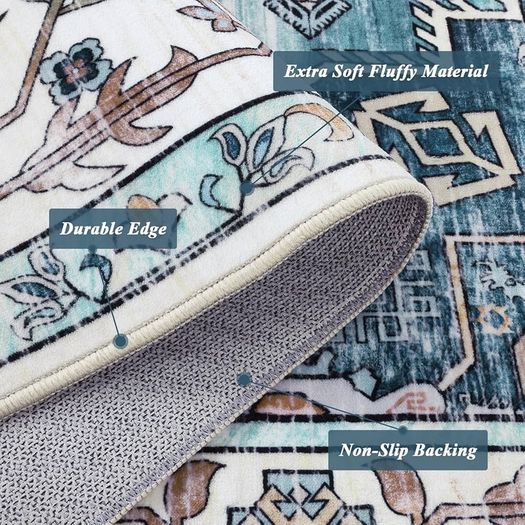 120 x 180 cm Non-Shedding Print Floor Carpet Machine Washable Rugs for Living Room Non Slip Traditional Boho Floor Carpet Rugs for Bedroom Dining Room, Vintage Teal