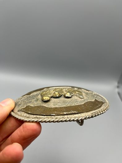 Vintage Alpaca Mexico Western Belt Buckle - Three Horse Heads, Floral Engravings