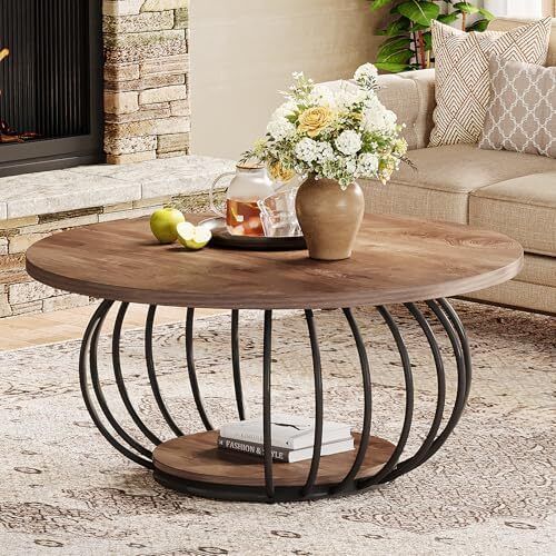 Round Coffee Table with Storage 2-Tier Metal Frame 100 x 100 x 46 cm Wood Grain