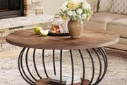 Round Coffee Table with Storage 2-Tier Metal Frame 100 x 100 x 46 cm Wood Grain