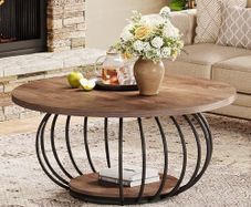 Round Coffee Table with Storage 2-Tier Metal Frame 100 x 100 x 46 cm Wood Grain