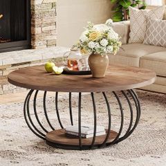 Round Coffee Table with Storage 2-Tier Metal Frame 100 x 100 x 46 cm Wood Grain
