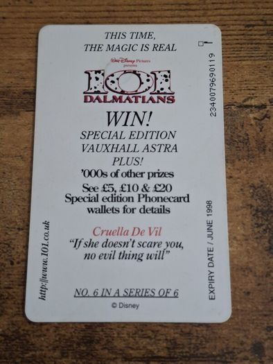 UK BT 2 GBP Phonecard "101 Dalmatians", used, 1996 - free standard postage