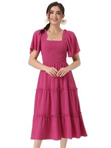Brand New Allegra K Women's Ruffled Smocked Short Sleeve Midi Dress