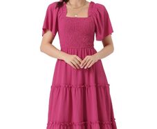 Brand New Allegra K Women's Ruffled Smocked Short Sleeve Midi Dress