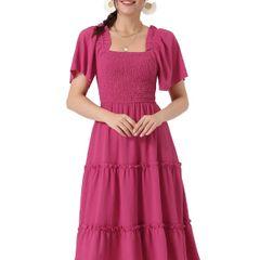 Brand New Allegra K Women's Ruffled Smocked Short Sleeve Midi Dress