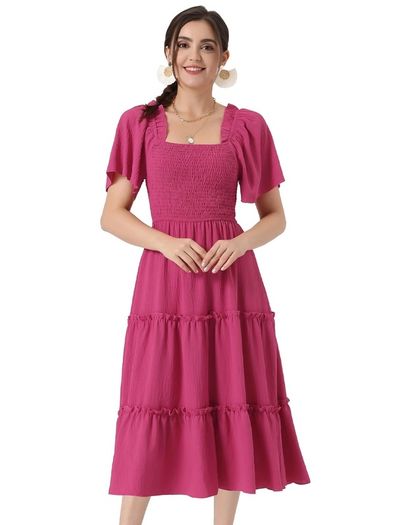 Brand New Allegra K Women's Ruffled Smocked Short Sleeve Midi Dress
