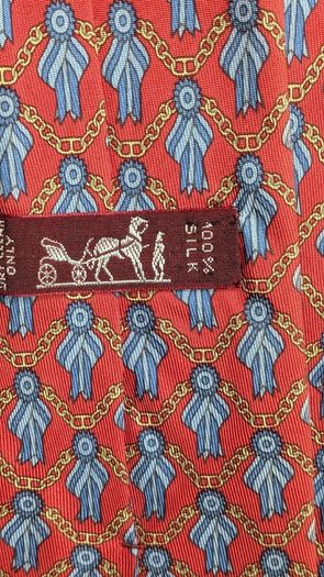 Hermes Paris Silk Tie Red Blue Chain Print Made In France Luxury Designer