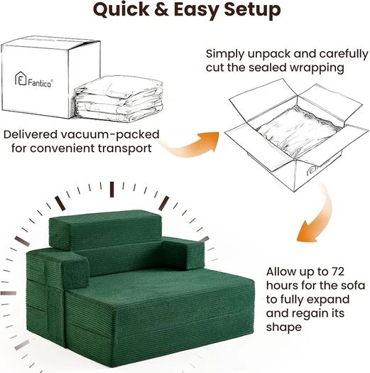Sofa Bed Single Convertible Chair Bed with Pillow & Armrests, Foldable Futon Mattress with Back Support, Boneless Sofa Bed for Living Room and Bedroom, Dark Green