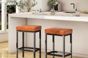 Bar Stools Set of 2, 66 cm Bar Stools, Bar Stools Caramel Brown Leather, 6 cm Thick Cushion Bar Chair, Kitchen Chairs with Metal Frame, Bar Chairs for Kitchen