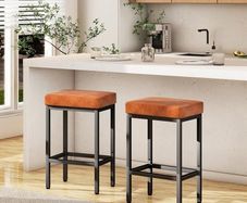 Bar Stools Set of 2, 66 cm Bar Stools, Bar Stools Caramel Brown Leather, 6 cm Thick Cushion Bar Chair, Kitchen Chairs with Metal Frame, Bar Chairs for Kitchen