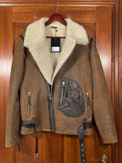 NEW Unisex Merino Wool Brown Retro REAL SHEEPSKIN Shearling Biker Leather Jacket Size S
