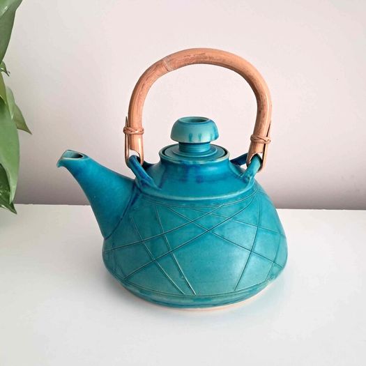 Turquoise Rustic Stoneware - Pottery Teapot With Bamboo Handle