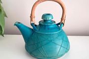 Turquoise Rustic Stoneware - Pottery Teapot With Bamboo Handle