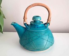 Turquoise Rustic Stoneware - Pottery Teapot With Bamboo Handle