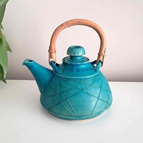 Turquoise Rustic Stoneware - Pottery Teapot With Bamboo Handle