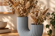 3D Printed U-Shaped Vase, Ash Grey, Modern and Minimalist Ribbed Home Decor