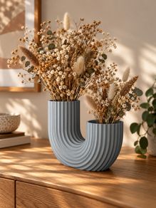 3D Printed U-Shaped Vase, Ash Grey, Modern and Minimalist Ribbed Home Decor