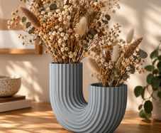 3D Printed U-Shaped Vase, Ash Grey, Modern and Minimalist Ribbed Home Decor