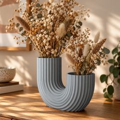 3D Printed U-Shaped Vase, Ash Grey, Modern and Minimalist Ribbed Home Decor