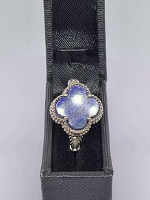 Lapis Lazuli Clover Leaf Ring in Platinum Overlay Sterling Silver 6.18 Ct.