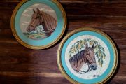 Large vintage framed pair of equine needleworks