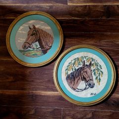 Large vintage framed pair of equine needleworks
