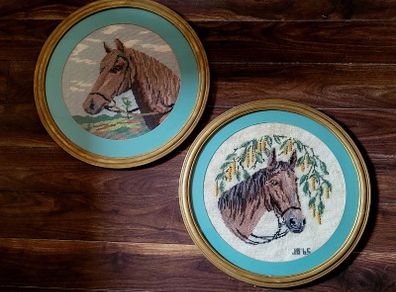 Large vintage framed pair of equine needleworks