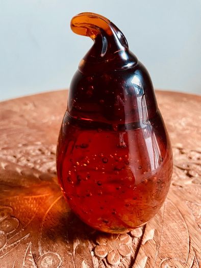 Large Vintage Amber Art Glass Pear Paperweight Hand Blown Bubble Glass Autumn Decor
