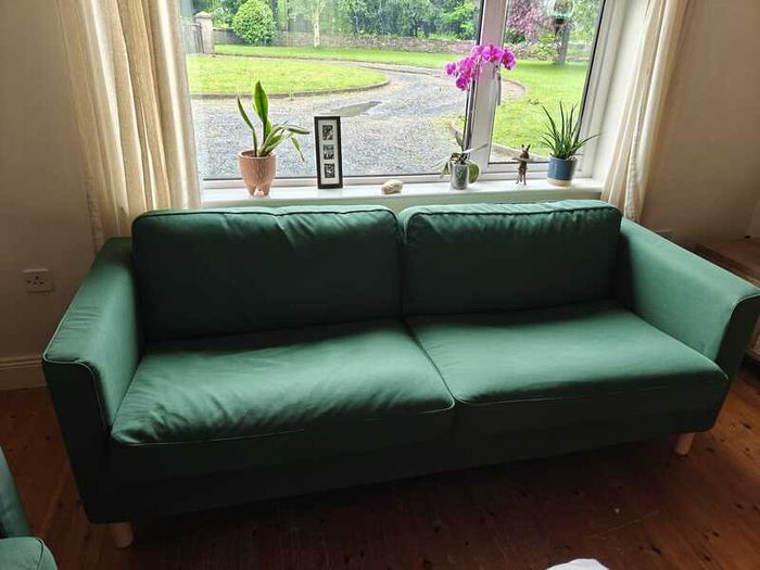 2x green IKEA Parup 3 seater sofas
