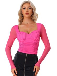 Brand New Allegra K Women's See-Through Long Sleeve Mesh Crop Tops