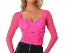 Brand New Allegra K Women's See-Through Long Sleeve Mesh Crop Tops