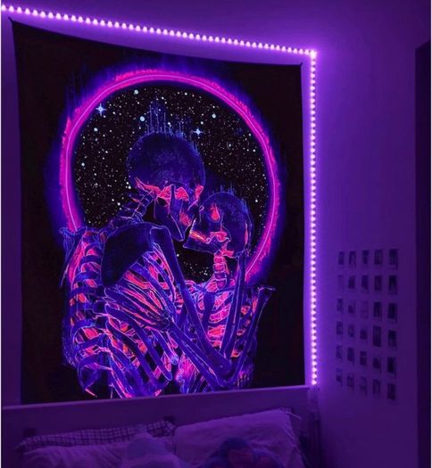 Blacklight Skull Tapestry, Kissing Skulls Moon Tapestry UV Reactive (MULTIPLE SIZES)