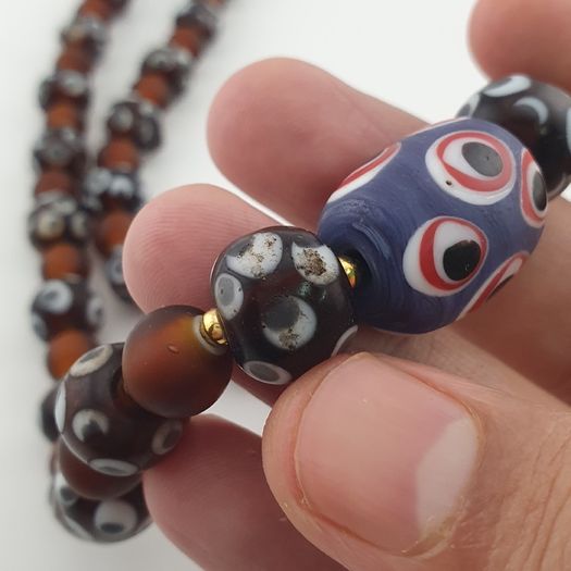 Antique Venetian African Style Skunk Eyes & Brown Glass Beads Necklace