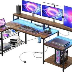 181CM L Shaped Corner Desk with Power Outlets LED Lights