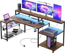 181CM L Shaped Corner Desk with Power Outlets LED Lights Gaming Desk