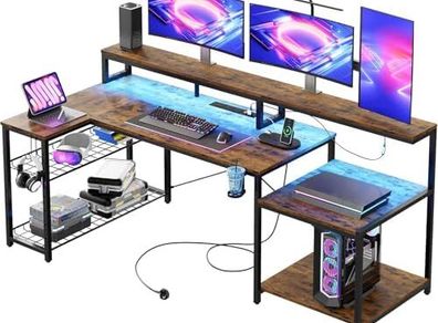 181CM L Shaped Corner Desk with Power Outlets LED Lights Gaming Desk