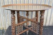 vintage Handcrafted Moroccan Brass Tray Table: Foldable Wooden Stand