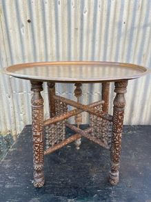 vintage Handcrafted Moroccan Brass Tray Table: Foldable Wooden Stand