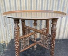 vintage Handcrafted Moroccan Brass Tray Table: Foldable Wooden Stand