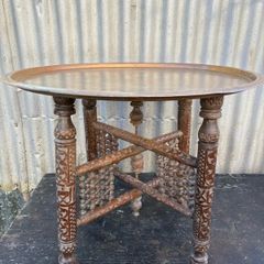vintage Handcrafted Moroccan Brass Tray Table: Foldable Wooden Stand