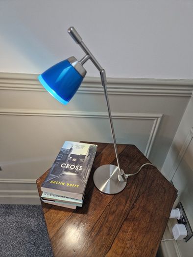 Vintage Aluminor blue desk lamp, chrome-plated metal | translucent lampshade | retro design 40W