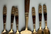 Vintage Thai Nickel Bronze &amp; Rosewood 7-Piece Dessert Serving Set - 6 Spoons &amp; Fork