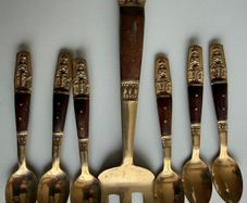 Vintage Thai Nickel Bronze & Rosewood 7-Piece Dessert Serving Set - 6 Spoons & Fork