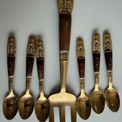 Vintage Thai Nickel Bronze & Rosewood 7-Piece Dessert Serving Set - 6 Spoons & Fork